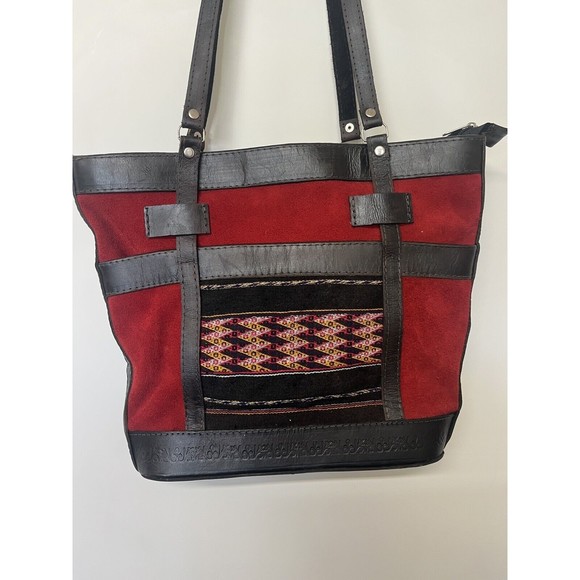 Boho Country Leather And Suede Shoulder Bag Red Brown Purse with Tapestry insert - Picture 4 of 13